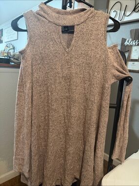 A. Byer Taupe Cold-Shoulder Crewneck Swing Sweater
